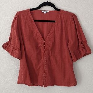 madewell 12 button up cotton texture clay colored v neck blouse
